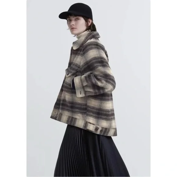 Clare Waight Keller x Uniqlo Black Cream Loose Fit Plaid Flannel Shirt Jacket - Picture 1 of 11